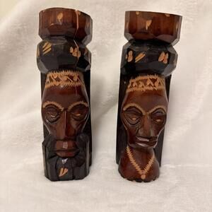 Lot of 2 Wooden Tiki Statues Hand Carved Sculpture Tribal High Detail Jamaica